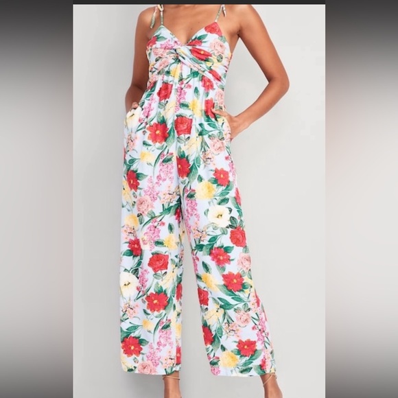 Old Navy floral linen blend tie straps jumpsuit. - Picture 1 of 9